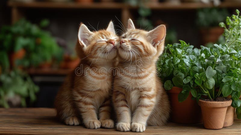 Două pisoi adorabile care stau într-o bucătărie însorită cu texturi rustice din lemn și lumină naturală fină stock photography