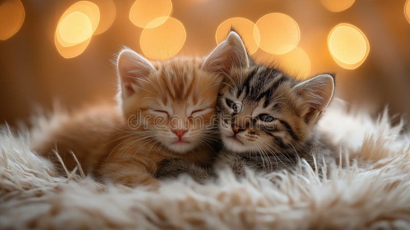 Două pisoi adorabile stând aproape unul de celălalt pe un covor pufos royalty free stock image