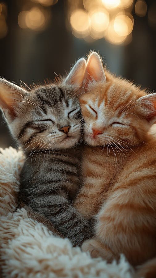 Două pisoi adorabile stând aproape unul de celălalt pe un covor pufos royalty free stock images