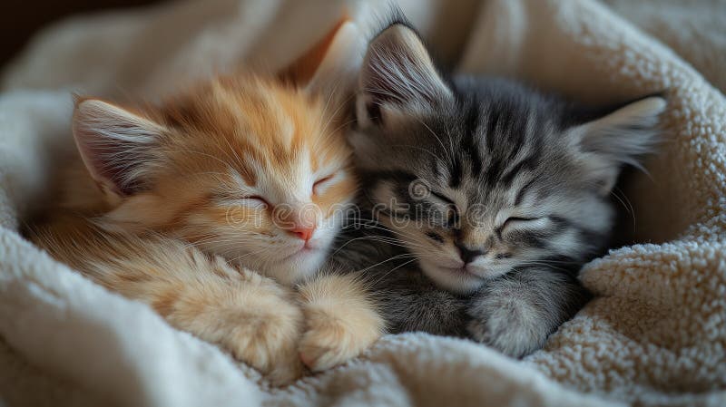 Două pisoi pufoase care se îmbină pe o pătură moale. iluminatul natural cald, atmosferă confortabilă și delicată stock image