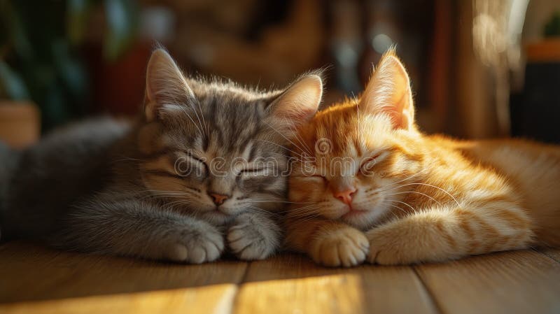 Două pisoi îmbrăcate într-un petic de lumină solară pe o podea din lemn cu o ambianță moale și senină royalty free stock photography