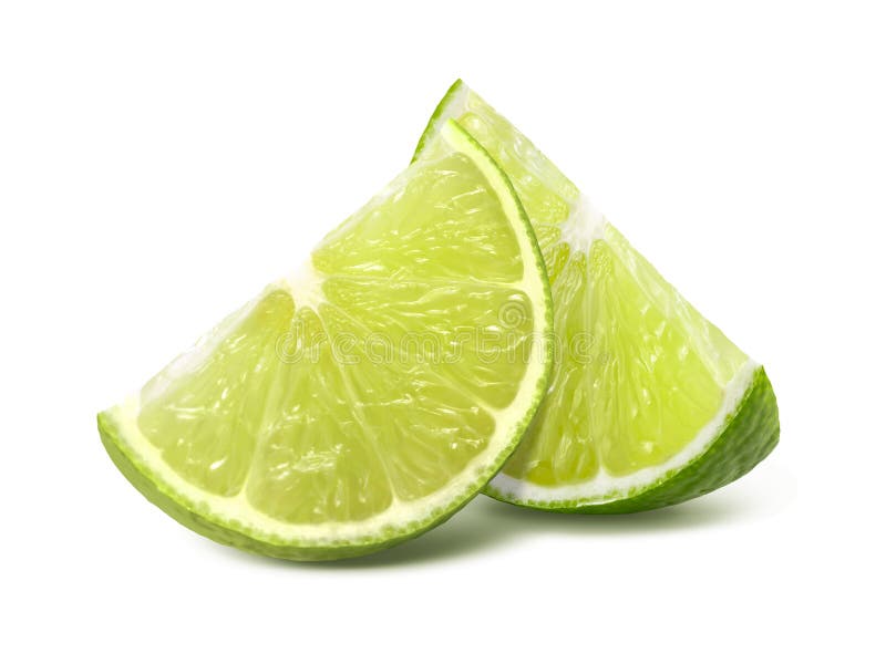 Două sferturi de bucăți de var izolate pe alb stock images
