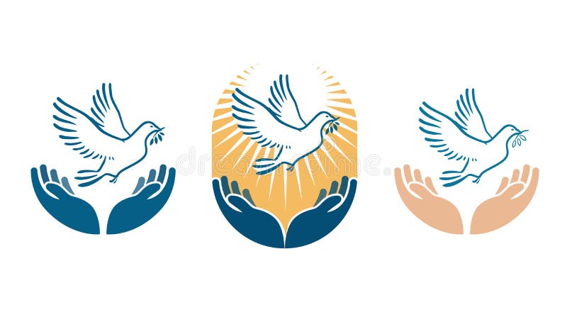Dove bird carrying olive branch in beak as a peace symbol. Vector logo or icon isolated on white background