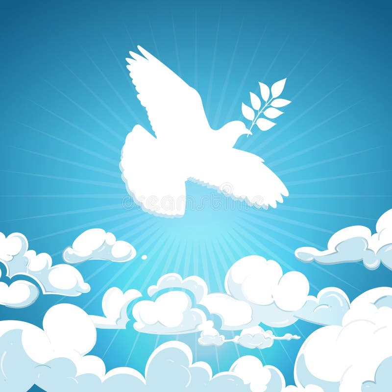 Dove of peace flying in the sky. White pigeon with branch background concept stock illustration Dove of peace flying in the sky. White pigeon with branch background concept stock illustration