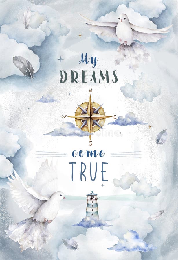 Doves of hope, greeting card, watercolor, dreams, lighthouse, compass, clouds, follow your dream, motivation, fly in the