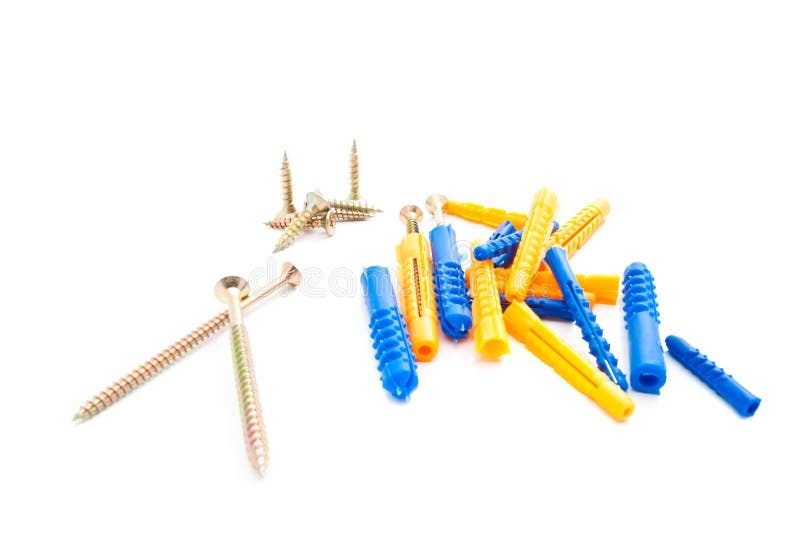 Dowels and Different Screws on White Stock Image Image of work