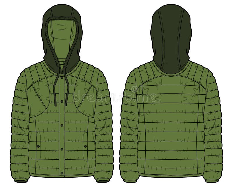 Down Puffa Hoodie Jacket Design Flat Sketch Illustration, Quilted ...