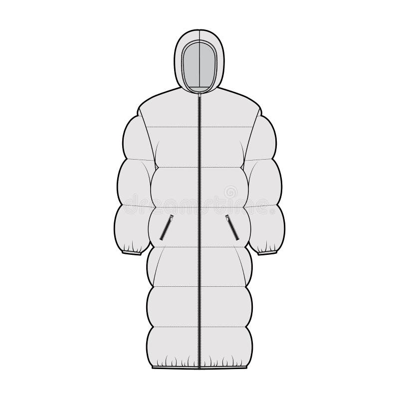 Down Puffer Coat Jacket Technical Fashion Illustration with Hoody ...