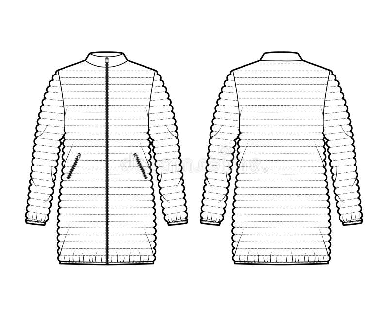 Down puffer coat jacket technical fashion illustration with long sleeves, stand collar, hip length, narrow quilting