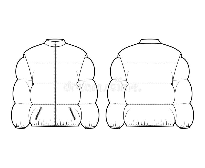 Down puffer coat jacket technical fashion illustration with stand, zip-up closure, boxy fit, hip length, wide quilting