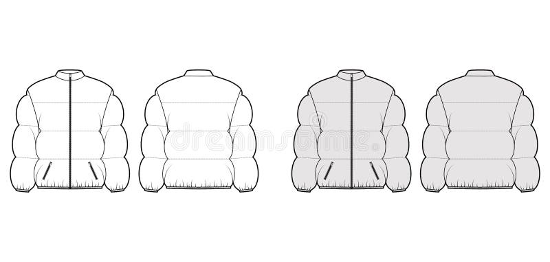 Down puffer coat jacket technical fashion illustration with stand, zip-up closure, boxy fit, hip length, wide quilting