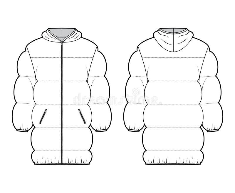 Down Puffer Jacket Coat Technical Fashion Illustration with Hoody ...