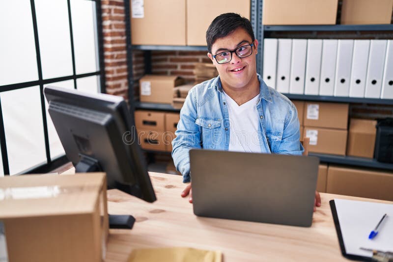 Down Syndrome Man Business Worker Using Laptop Working at