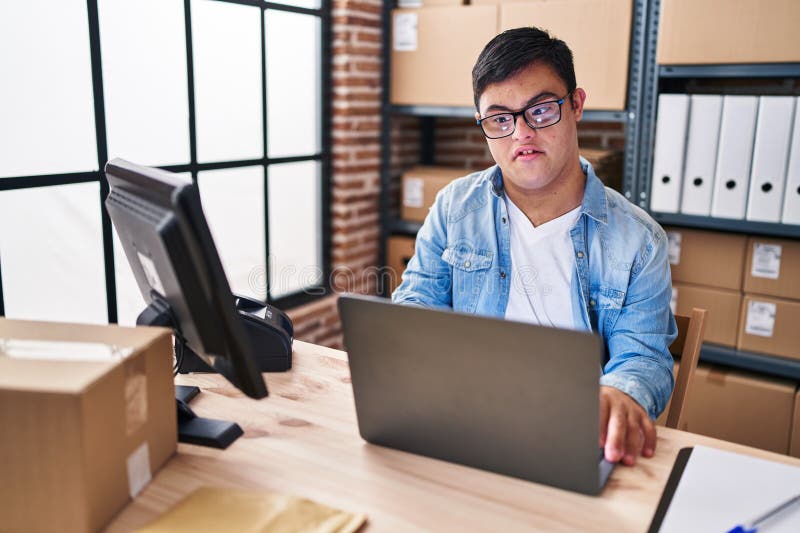 Down Syndrome Man Business Worker Using Laptop Working at