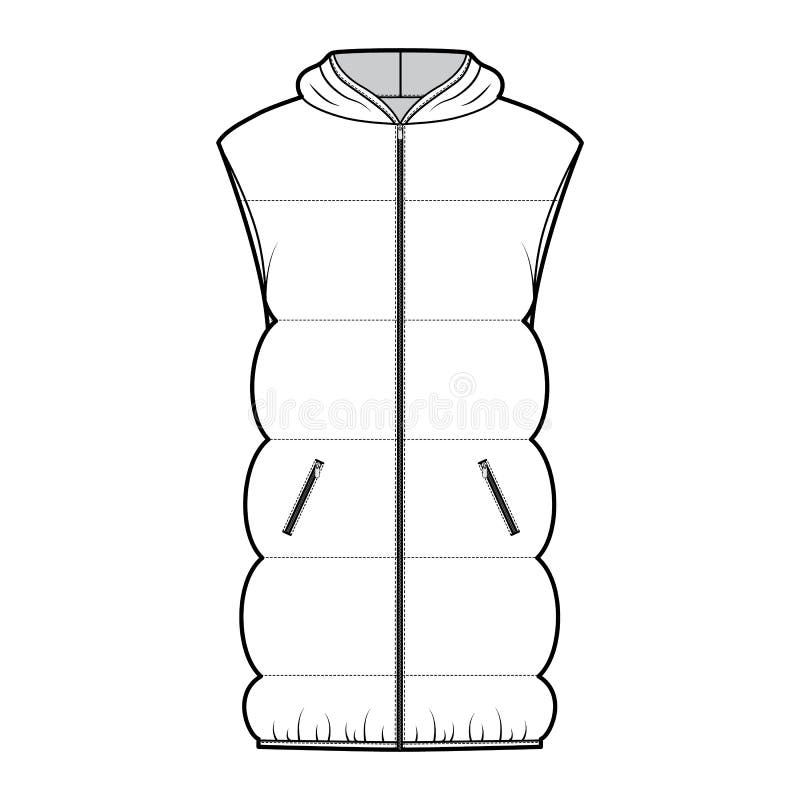 Down Vest Puffer Hooded Waistcoat Technical Fashion Illustration with ...