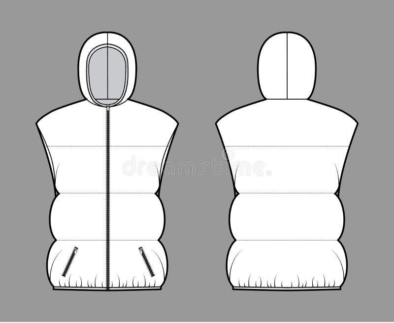 Down Vest Puffer Waistcoat Technical Fashion Illustration with Hoody ...