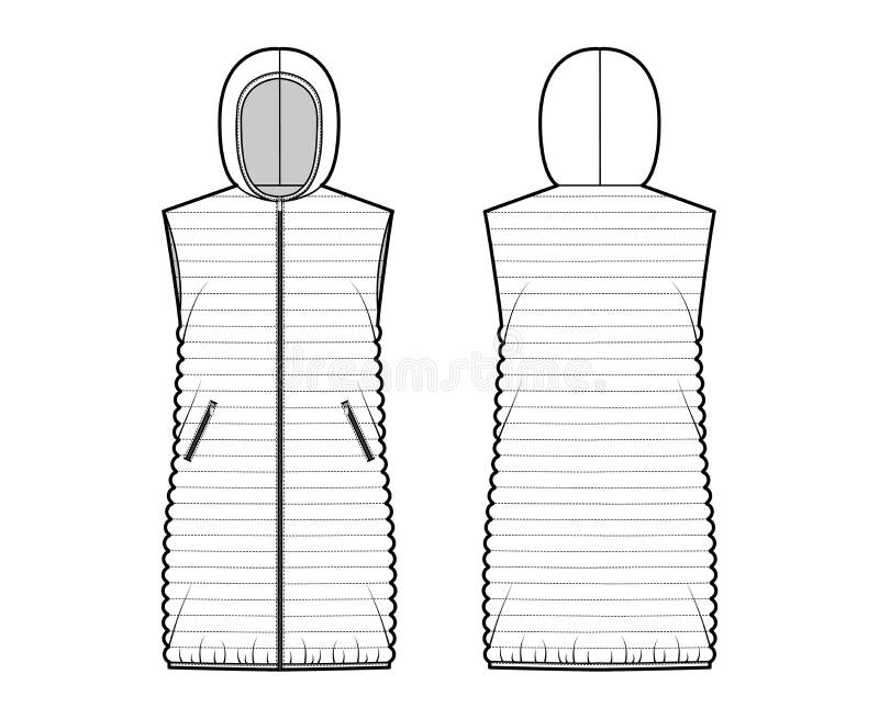 Down vest puffer waistcoat technical fashion illustration with sleeveless, hoody collar, loose fit, narrow quilting