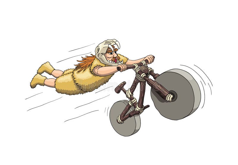 Downhill Mountain Biker from Primal Era. Freeriding Making Superman Stunt on Downhill Bike in Sabertooth Skull Helmet royalty free illustration Downhill Mountain Biker from Primal Era. Freeriding Making Superman Stunt on Downhill Bike in Sabertooth Skull Helmet royalty free illustration