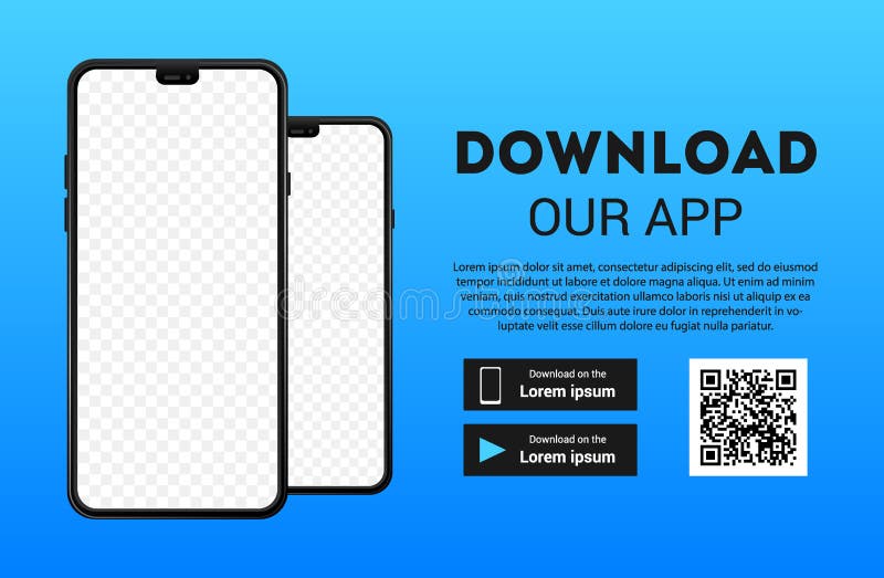 Download page of the mobile app. Empty screen smartphone for you app. Download buttons. Vector illustration