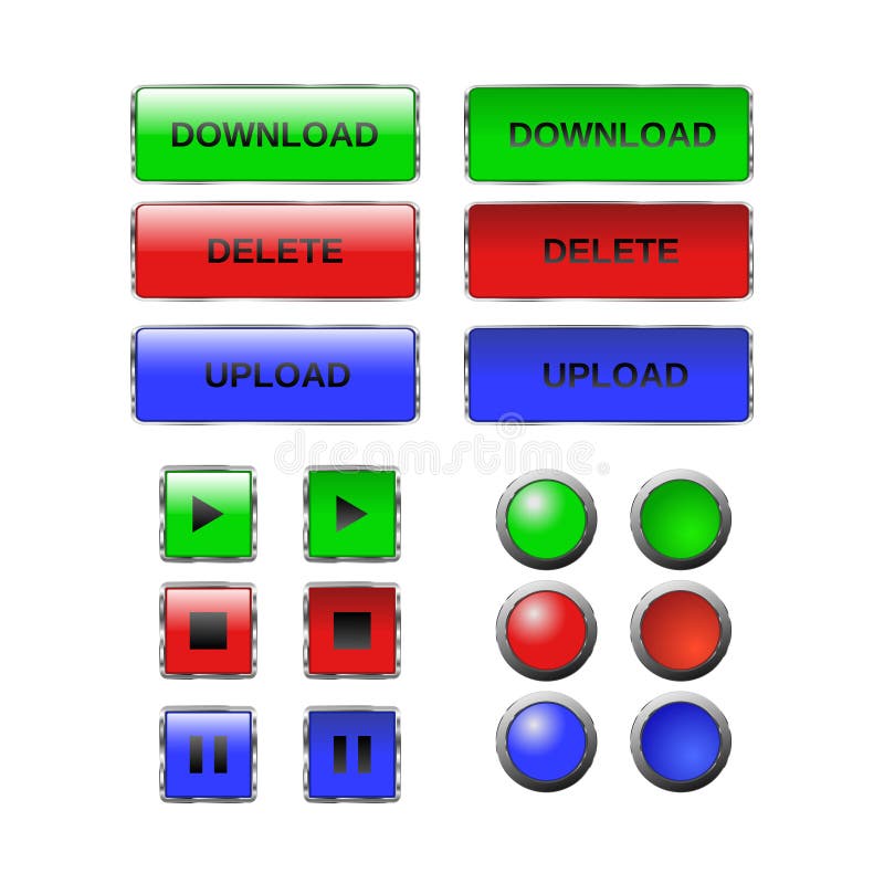 Download upload delete glass button set, press, hover. Web button icon: play, stop, pause button, download bar, upload, delete royalty free illustration