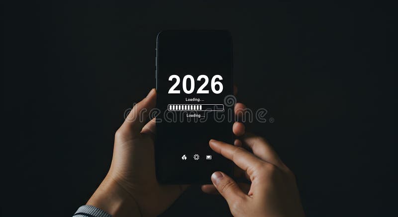 Downloading year two thousand and twenty six on mobile phone with loading bar and hands in dark background vector illustration