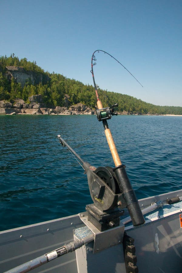 Downrigging Fishing Rod on Bruce Peninsula Shoreline Stock Image