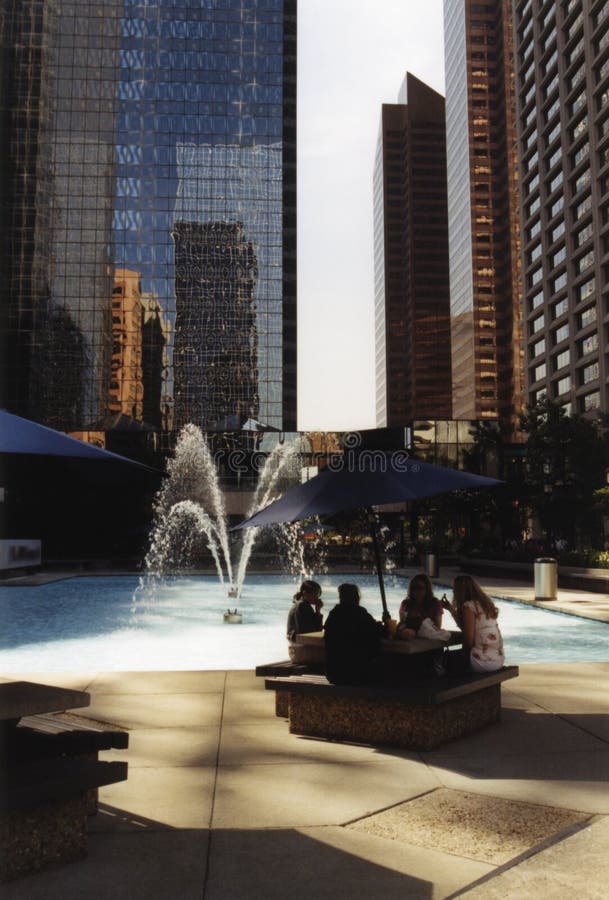 Downtown of a north american business district with people having a rest