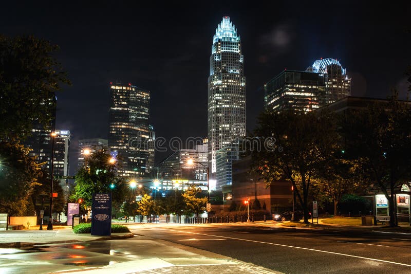 Downtown Charlotte at Night in the Summer Editorial Photography - Image
