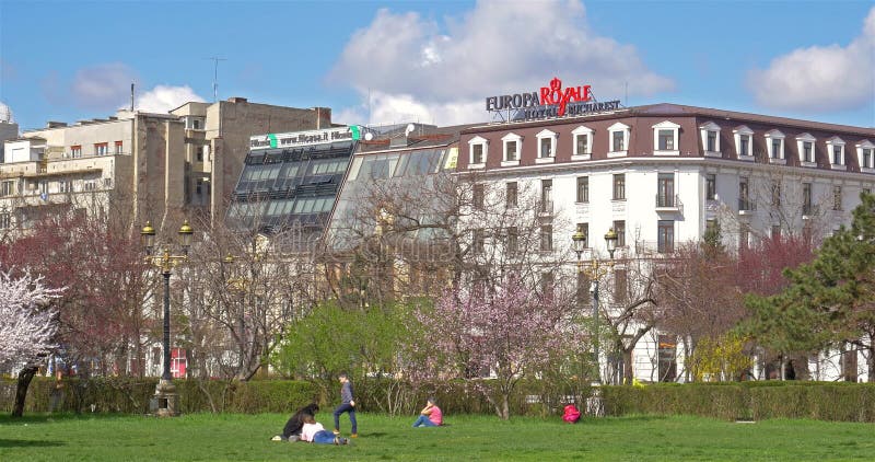 Downtown City View From Union Square Central Park Of Bucharest In Spring