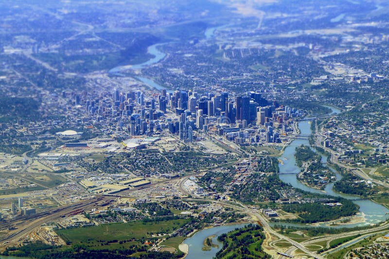 Downtown Calgary and Bow River Valley Aerial View, Alberta, Canada