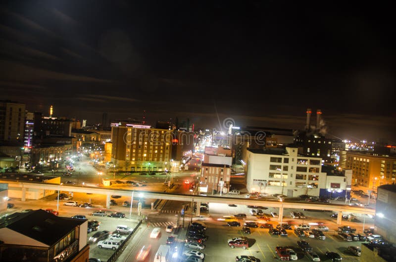 Downtown Detroit at night stock image. Image of downtown 256888625