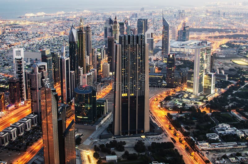 Downtown of Dubai (United Arab Emirates). The view from Burj Khalifa stock image Downtown of Dubai (United Arab Emirates). The view from Burj Khalifa stock image