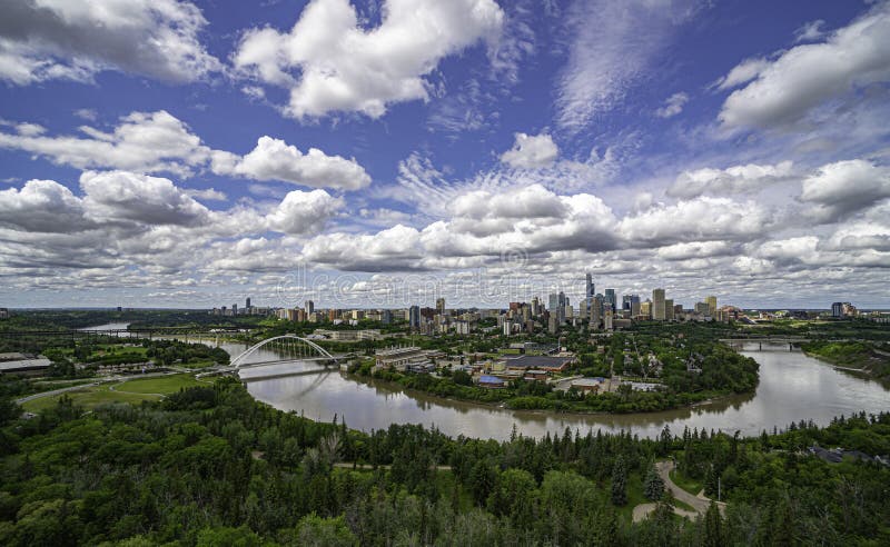 Panoramic aerial view of downtown Edmonton.