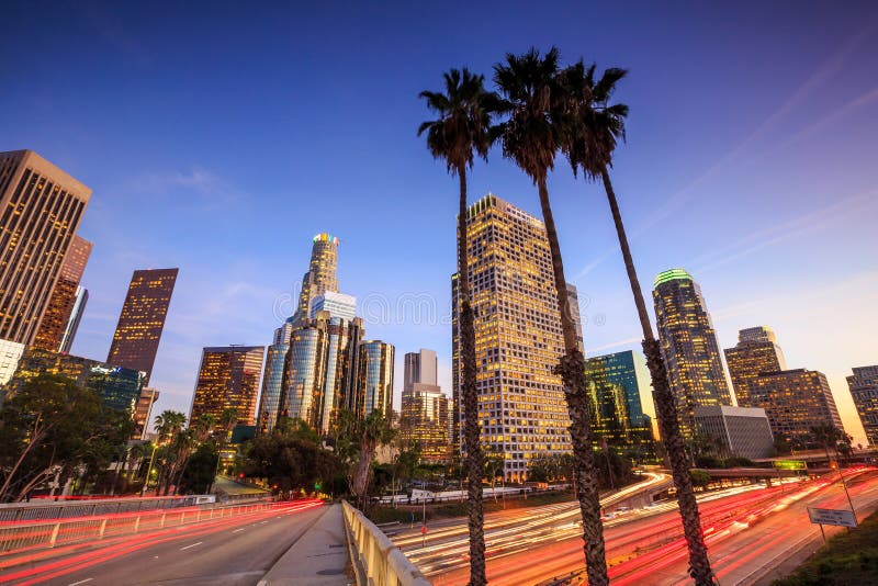 Downtown Los Angeles skyline during rush hour