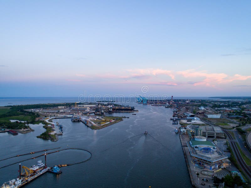 The Downtown Mobile, Alabama Port and Mobile Bay at Sunset Stock Photo