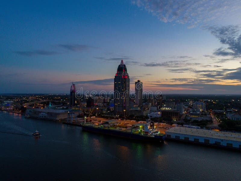 The Downtown Mobile, Alabama Waterfront Skyline at Sunset Stock Image