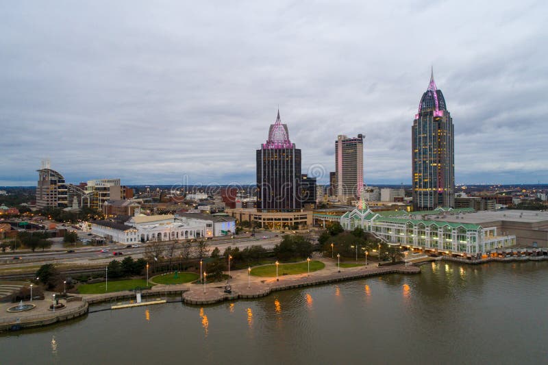 The Downtown Mobile, Alabama Waterfront Skyline at Sunset in January of