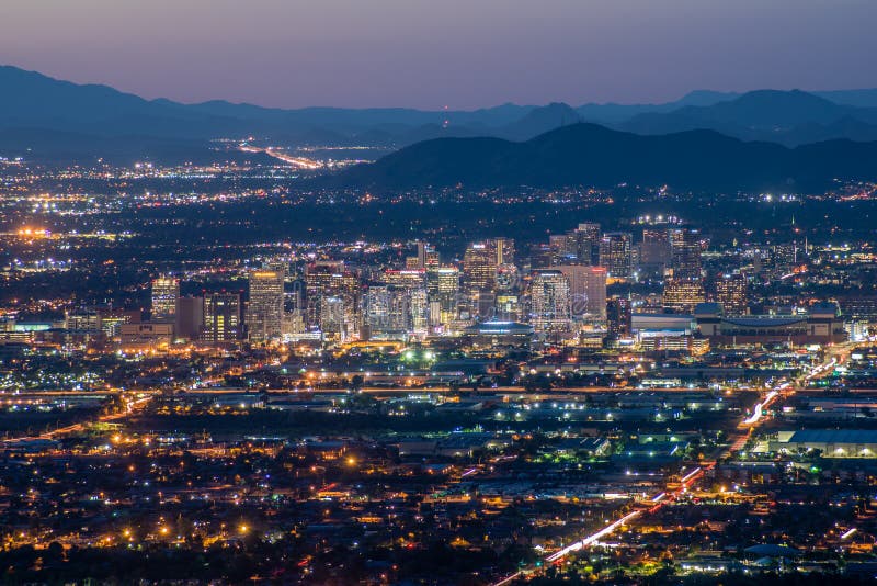 Downtown Phoenix at Night editorial stock image. Image of cityscape