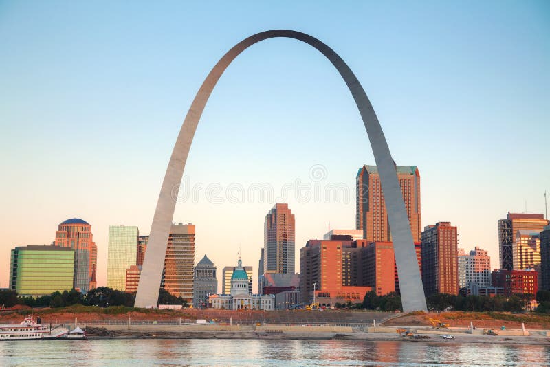 Downtown St Louis, MO with the Old Courthouse and the Gateway Ar royalty free stock photo