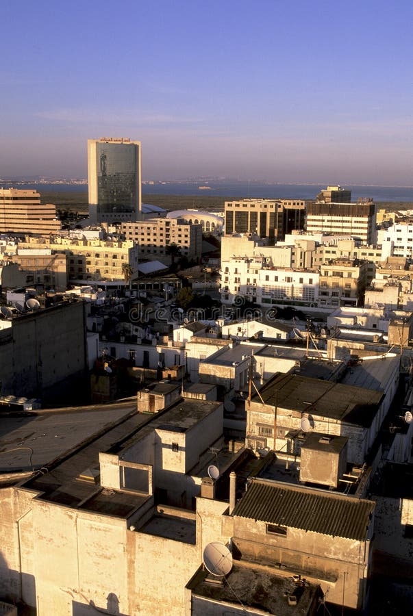 View of downtown Tunis from atop hotel building during sunset- Tunisia