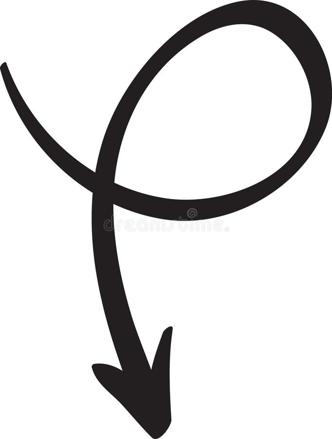 Downward pointing arrow featuring a loop, hand drawn in black ink against a clean white background, symbolizing stock illustration