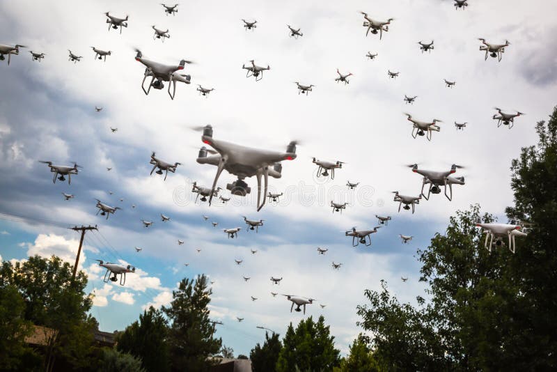 Dozens of Drones Swarm in the Ominous Sky.