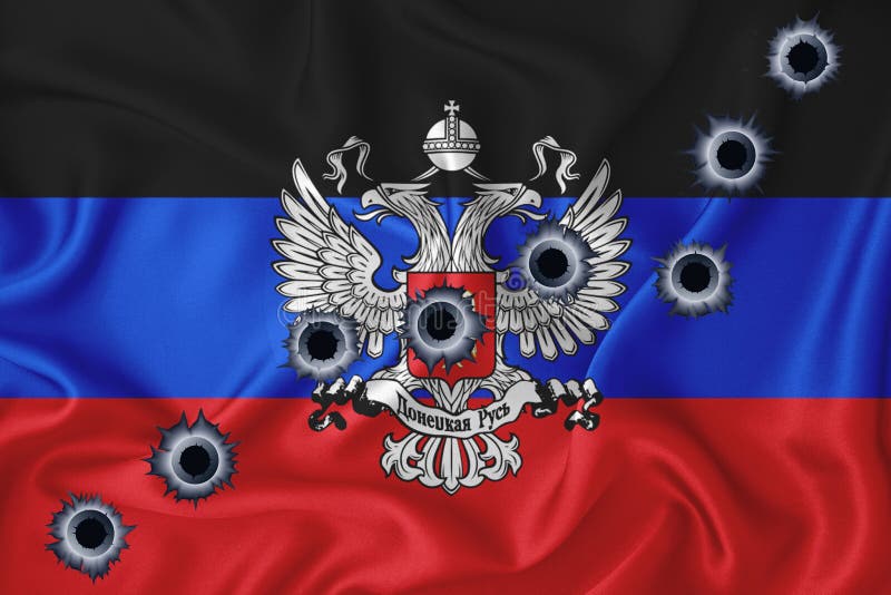 DPR flag Close-up shot on waving background texture with bullet holes. The concept of design solutions. 3d rendering.