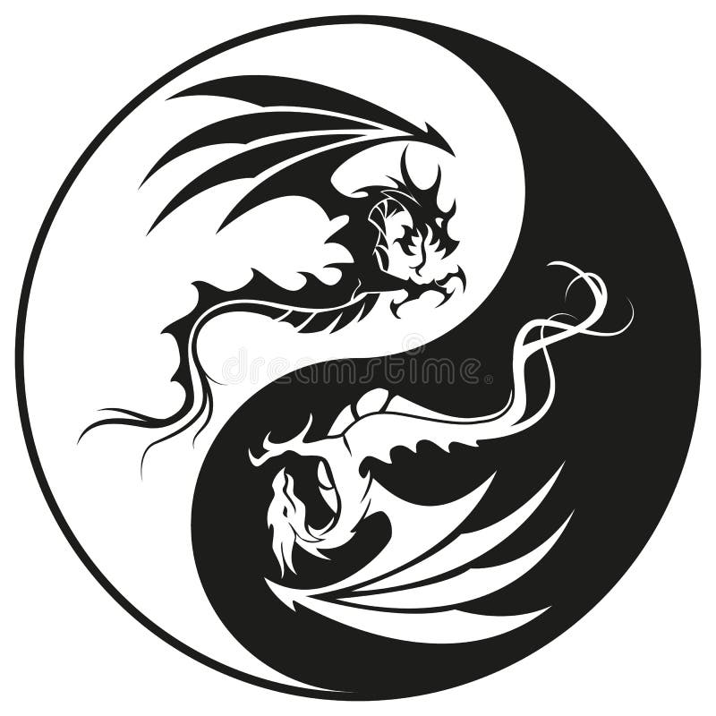 Dra i Yin och Yang Circle dragon-symbolen tatuering för svartvit vektorillustration stock illustrationer