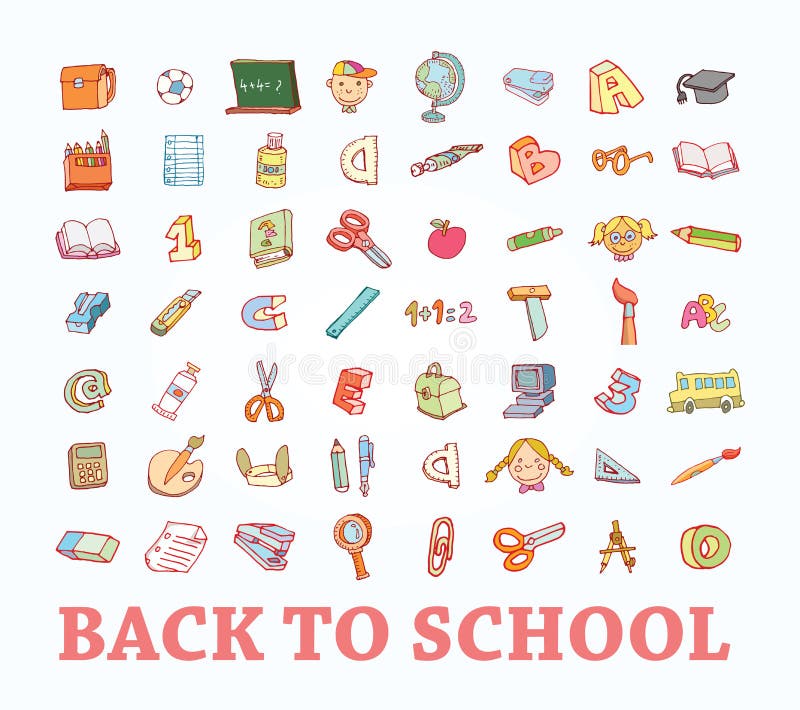 Dra tillbaka till skolan, symboler, vektorillustration royaltyfri illustrationer