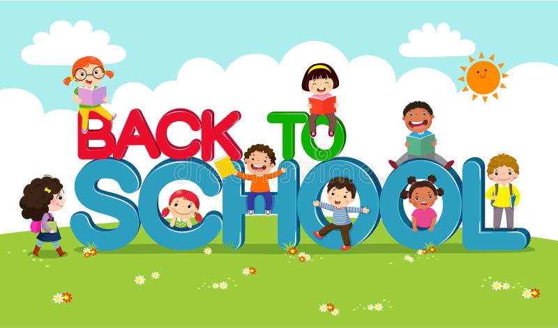 Dra tillbaka till skolavektorbanret med skolaungetecken stock illustrationer