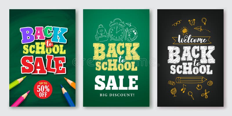 Dra tillbaka till uppsättningen för skolaförsäljningsvektorn av affischen och banret med färgrik titel stock illustrationer