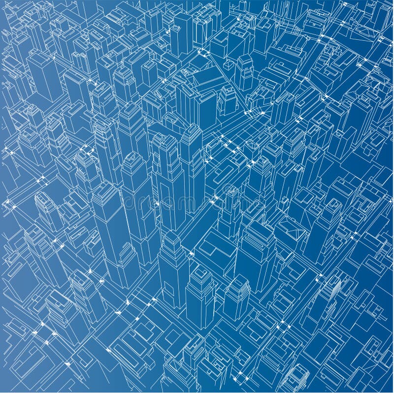 Draad-kader Stad, Blauwdrukstijl Vector royalty-vrije illustratie Draad-kader Stad, Blauwdrukstijl Vector royalty-vrije illustratie