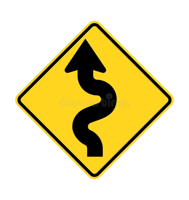 Sign winding road. Yellow diamond shaped warning road sign. Diamond road sign. Rhombus road sign. There are several curves ahead. stock illustration. Sign winding road. Yellow diamond shaped warning road sign. Diamond road sign. Rhombus road sign. There are several curves ahead. stock illustration