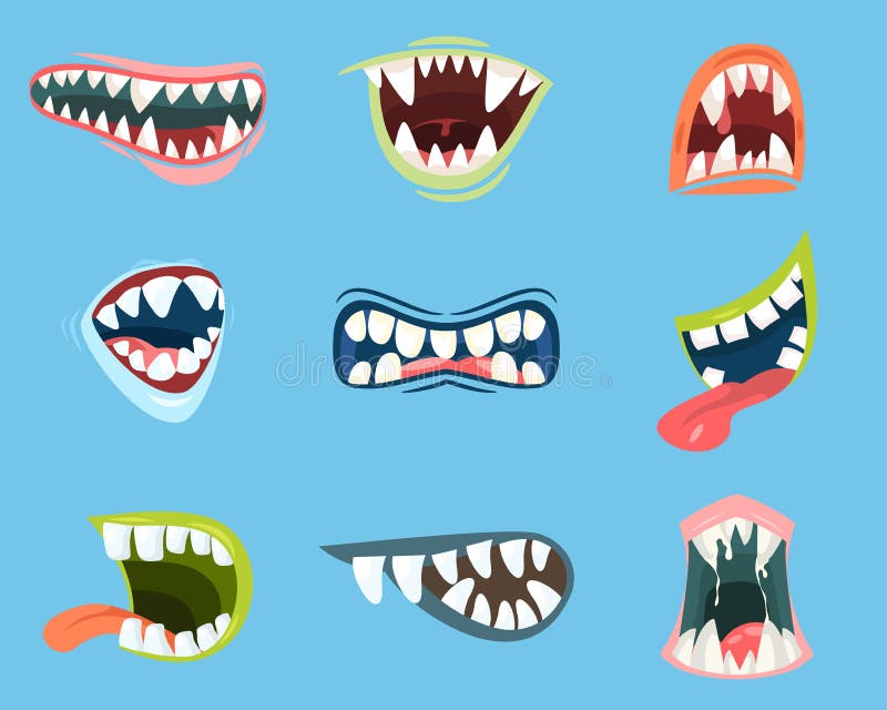 Set of isolated scary mouth with sharp teeth and long tongue. Spooky smile and angry scream. Cartoon monster or dracula, bat or vampire jaw with emotion expression. Helloween and emotion theme. Set of isolated scary mouth with sharp teeth and long tongue. Spooky smile and angry scream. Cartoon monster or dracula, bat or vampire jaw with emotion expression. Helloween and emotion theme